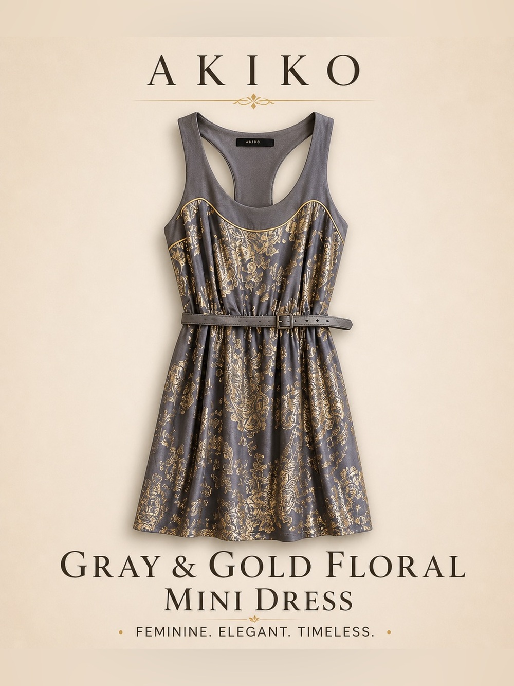 Akiko 100% Silk Gray and Gold Metallic Floral Mini Dress small Made in USA